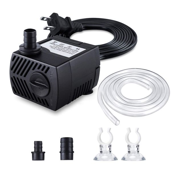 CWKJ Fountain Pump, 80GPH(4W 300L/H) Submersible Water Pump, Durable Outdoor Fountain Water Pump with 4.9ft Tubing (ID x 1/3-Inch), 3 Nozzles for Aquarium, Pond, Fish Tank, Water Pump Hydroponics