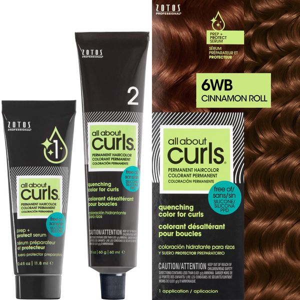 All About Curls 6WB Cinnamon Roll Permanent Hair Color (Prep + Protect Serum & Hair Dye for Curly Hair) - 100% Grey Coverage, Nourished & Radiant Curls