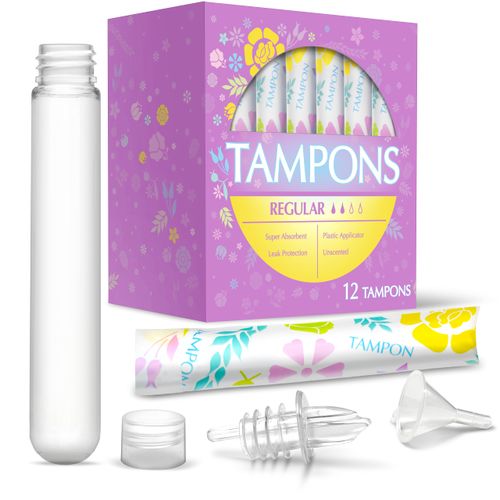 GoPong Tampon Flasks 12 Pack (18 oz Total) - Hidden Alcohol Travel Flasks for Women - Secret Liquor Containers for Nightclubs, Festivals, Cruises, and Sports Events – Includes Funnel & Spout