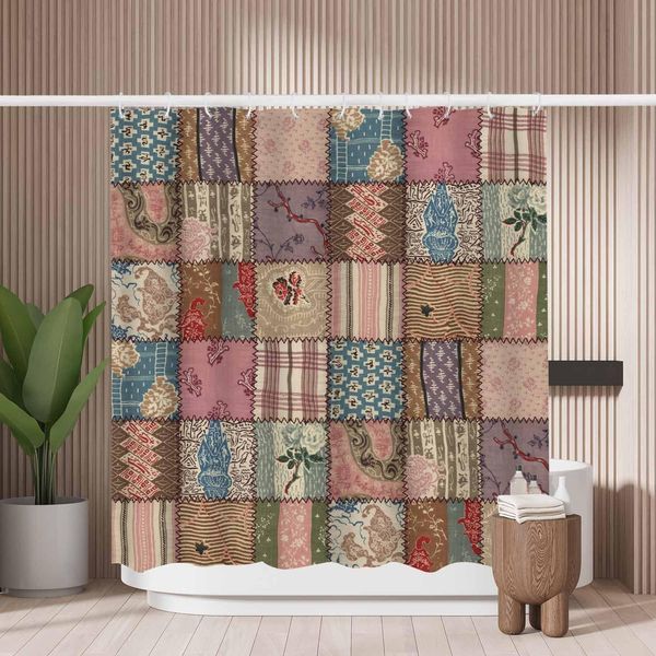 Woutay Shower Curtain Water Repellant Fabric Country Patchwork Quilt,Mould Proof Resistant,Polyester,with 12 Plastic Hooks