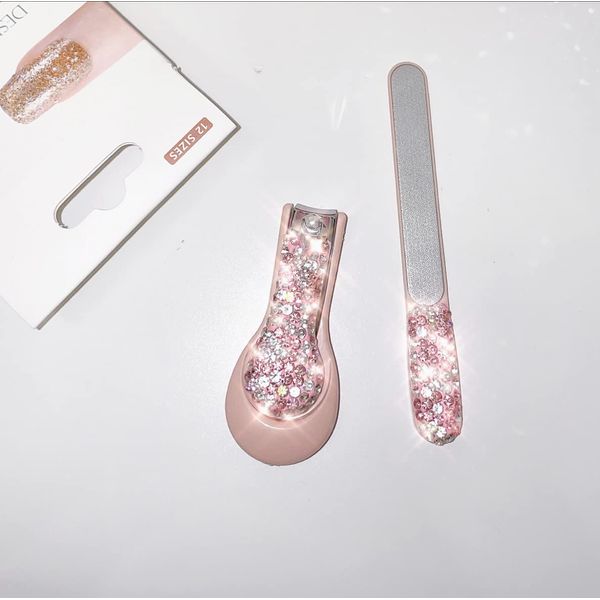 TISHAA Bling Dazzling Rhinestone Carbon Steel Stainless SteelMini Nail Clipper Fingernail Clipper and File Set, Travel Nail Set (Pink)