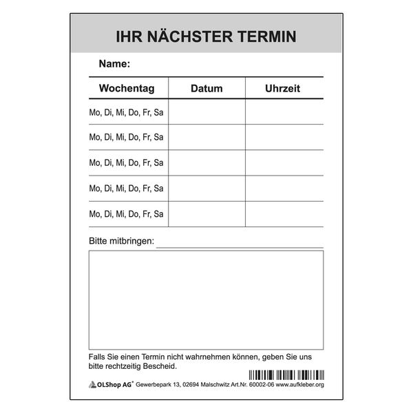 10 Block Terminzettel Praxis á 50 Blatt Kundentermin Arztpraxis Terminblock Ärzte Frisör Physio