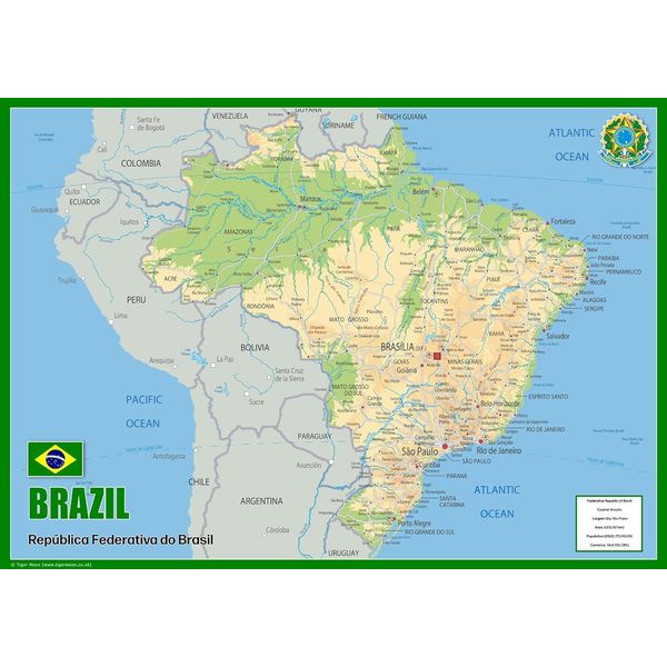Brazil Physical Map - 23.3 x 16.5 Inches - Paper Laminated