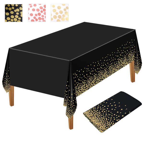 NEBURORA 1 Pack Black and Gold Party Tablecloth Plastic Tablecloth 137x274cm Gold Dot Confetti DisposableTable Cover Rectangular Party Table Cover for Picnic, Baby Shower, Halloween, Birthday