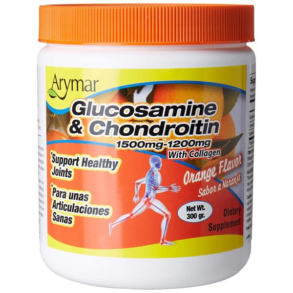 Arymar Glucosamine & Chondroitin Powder 1500mg-1200mg with Collagen Orange Flavor Support Healthy Joints, Orange, Orange, 300 Gram, X-Large