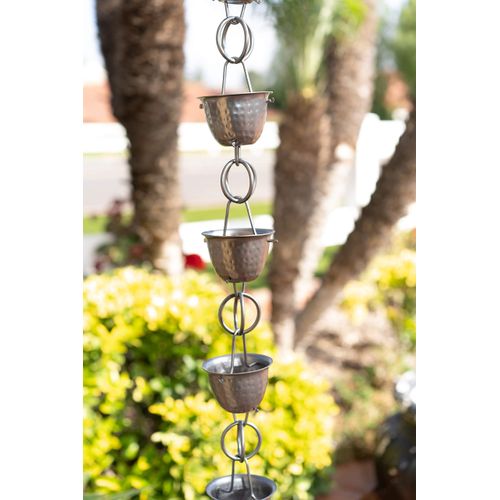 Monarch Rain Chains 50584 Aluminum Hammered Cup, 8-1/2 Feet Length Replacement Downspout for Gutters, Rain Chain 8.5 Ft, Pewter