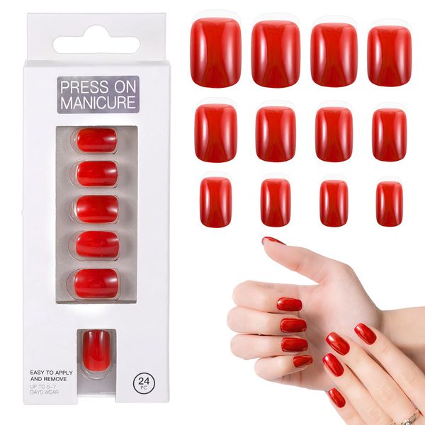 24 Pcs Press On Nails Short Bright Red Fake Nails with Adhesive Soft Gel Backing Short Oval Nails Glue On Nails French Tips Acrylic Full Cover False Nail Kit with Mini Nail File for Women and Girls