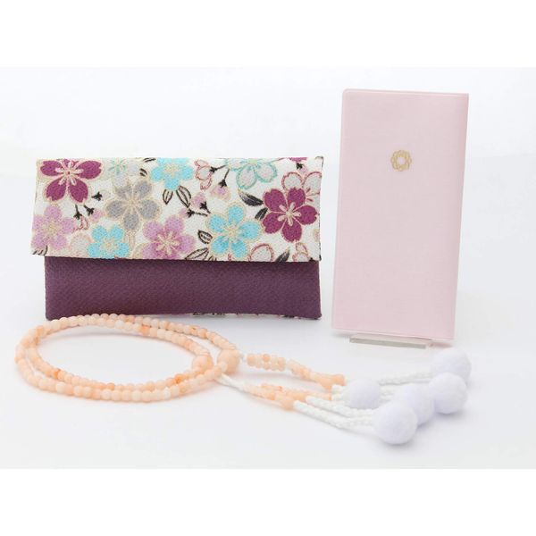 Made in Japan, Soka Gakkai Prayer Beads, New Enrollment, Present, 3-piece Set, Women's, Prayer Beads Case, Purple and Cherry Blossoms, Pink Coral