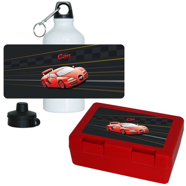 Brotdose + Trinkflasche Set mit Namen Can und schönem Auto-Motiv für Jungen | Frühstücks-Set für Schule und Kindergarten | Aluminium-Trinkflasche | Lunchbox | Vesper-Box