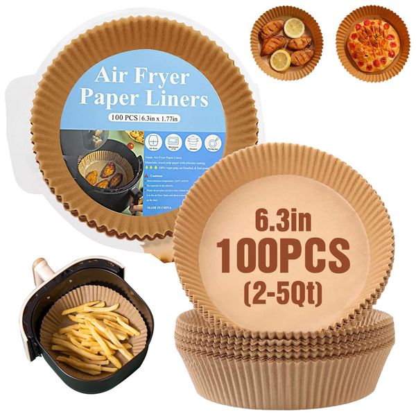 Disposable Air Fryer Paper Liners, 100 Pcs Round Non-Stick Parchment Paper, Oil-proof,Water-proof Cooking Baking Roasting Filter Pater for Air Fryers Basket, Microwave Oven, Frying Pan