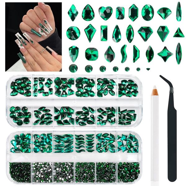 qiipii 24 Styles Emerald Green Nail Rhinestones Multi Shapes Flatback Green Crystals Gems Round Beads K9 Glass Stones Diamonds Jewels Nail Art Supplies Nail Charms for Nails Faces Eyes Makeup Crafts