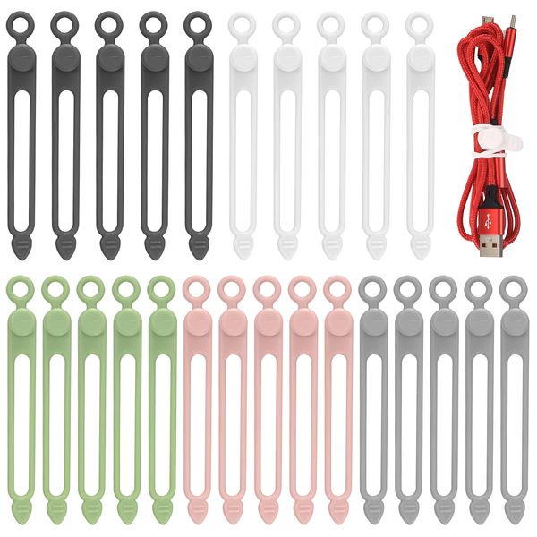 25 Pcs Silicone Cable Ties, Reusable Cable Straps Wire Organizer, Cable Management Cord Organizer for Fastening Earphone Phone Charger Home Office Desk Kitchen Appliances Cable Cords Wires