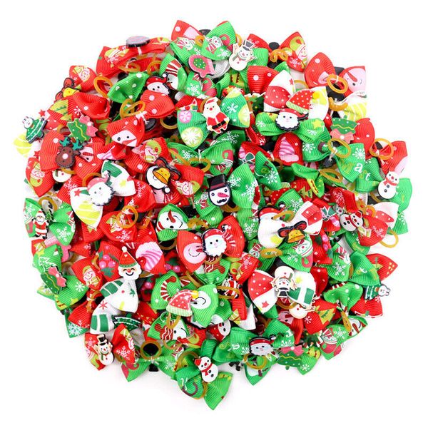 50pcs Christmas Dog Hair Bows Rubber Band Xmas Pet Cat Grooming Topknot Bow