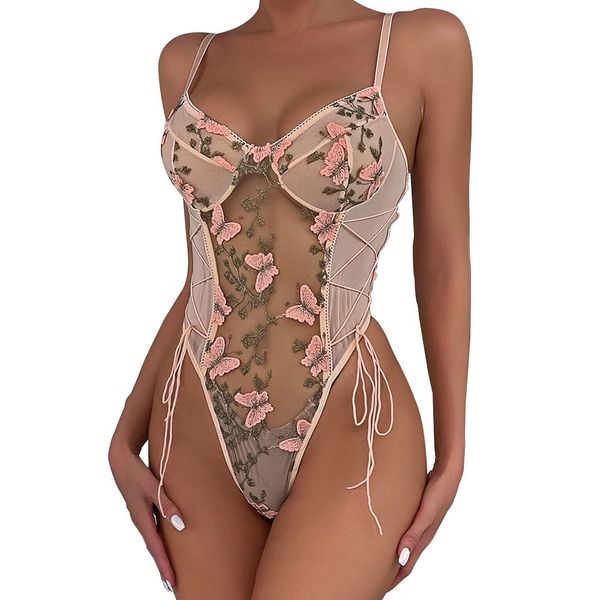 KOEMCY Sexy Dessous Damen Body Sexy Spitze Bodysuit Tiefer V-Ausschnitt Unterwäsche Negligee Teddy Babydoll Blumenstickerei One Piece Erotische Lingerie (Rosa,XXL)