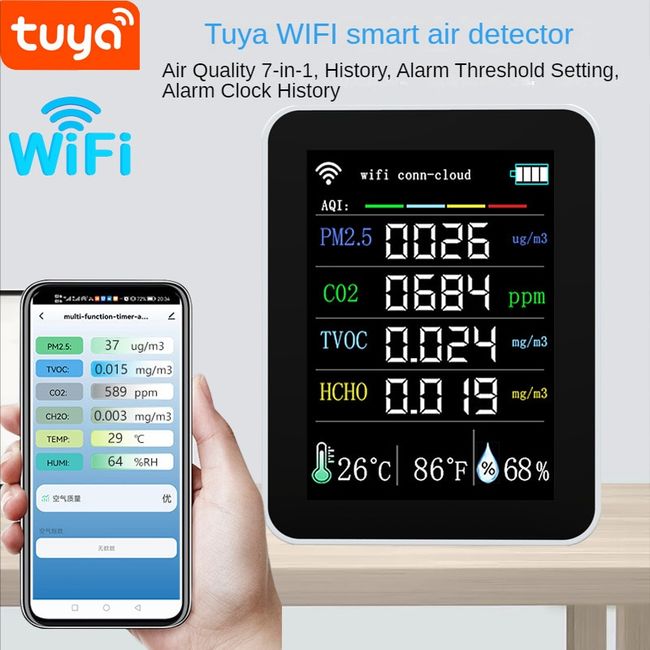 Louver Tuya 7 In 1 WIFI Air Quality Detector CO2 Tester PM2.5 TVOC CH2O Formaldehyde Monitor TFT Display, 04 Style 2 Black