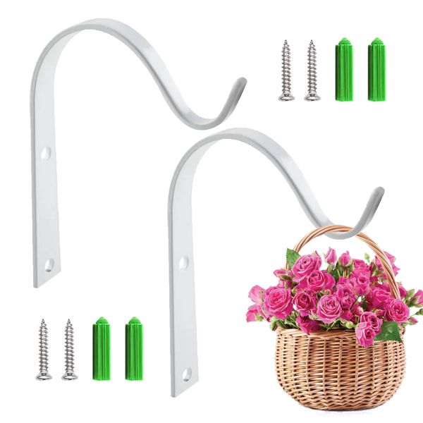 dogmoon Hanging Basket Brackets, 2Pcs Wall Hanging Bracket Plant Hooks, Iron Wall Hooks Brackets, Outdoor Garden Plant Hanger Wall Hook for Lantern Bird Feeders Coat Wind Chimes(White)