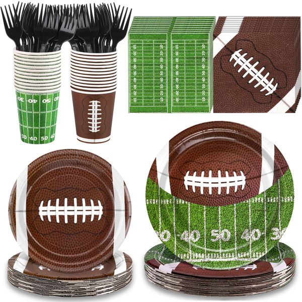 durony 144 Pieces Football Party Supplies Tableware Set Disposable Paper Plates and Napkins Forks Serve 24 Guests Football Table Buffet Decoration for Football Birthday Party Supplies