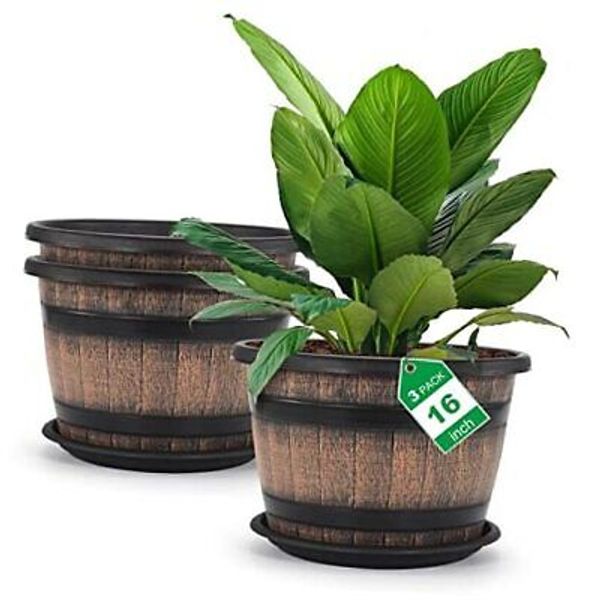 Large Plastic 3 Pack16 inch Plant Pots,Whiskey Barrel Planters with 16 inches