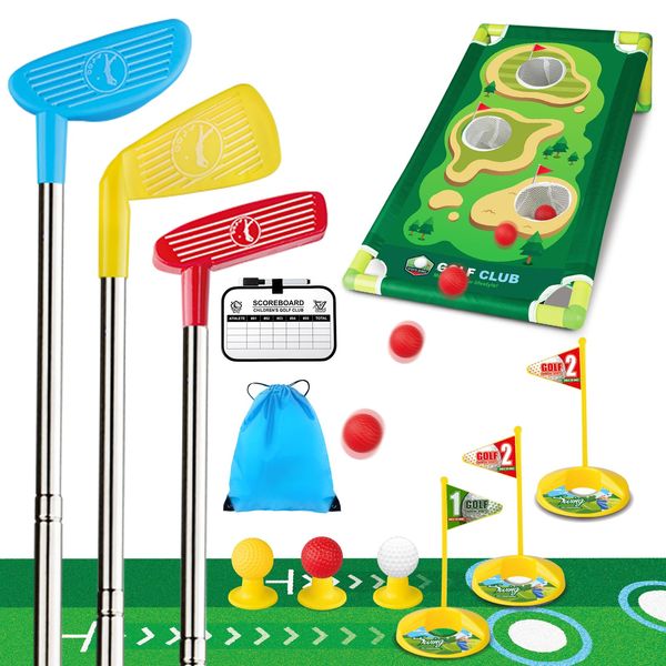 Popsunny Toddler Golf Set for Boys Girls 3 4 5 6 Years Old, Retractable Kids Golf Clubs Set with Cornhole Board, Mat & Scorecard, Outdoor Indoor Sports Toy Christmas Birthday Gift