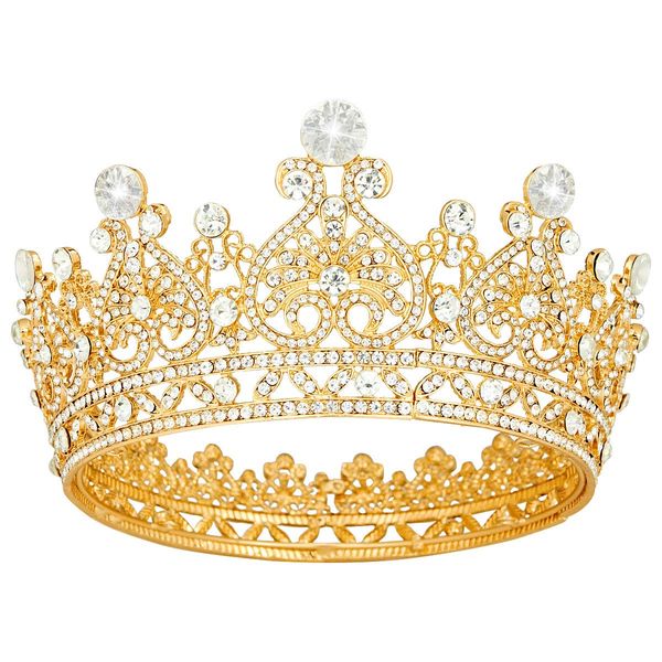 Vofler Crown Gold Tiara for Women Queen-Round Crystal Rhinestone Hair Jewelry Decor Toddler for King Ladies Girls Bridal Bride Princess Quinceanera Birthday Wedding Pageant Halloween Costume Party