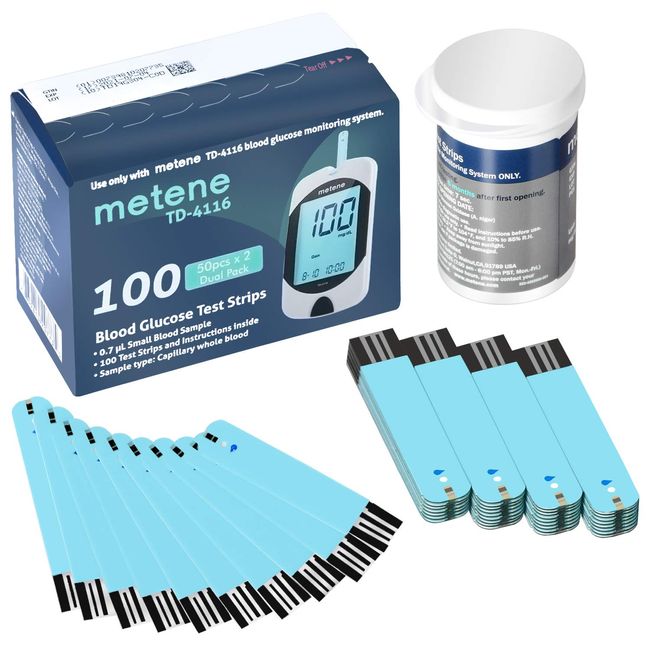 Metene TD-4116 Blood Glucose Test Strips, 100 Count Blood Sugar Test Strips for Diabetes, Use with metene TD-4116 Blood Glucose Monitoring System Only