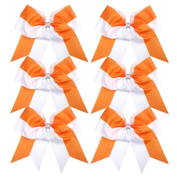 Cheerleader Bows 8 Inch Comb Color Ponytail Holder with Bling Fling Rhinestones Hair Tie Cheerleading Bows 6 Pcs (White/Orange)