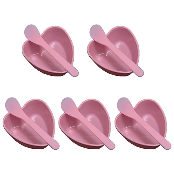 5 Sets Plastic Heart Shaped Facial Mask Mixing Bowl with Stirring Spatula Facemask Bowl Mud Mask Mixing Bowl DIY Skin Care Mixing Tool Kit for Lady Women Home Beauty Salon Use, Pink