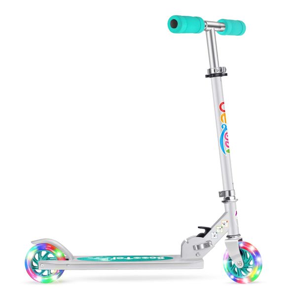 Beleev V1 Scooters for Kids 2 Wheel Folding Kick Scooter for Girls Boys, 3 Adjustable Height, Light Up Wheels for Children 3 to 14 Years Old (Aqua)