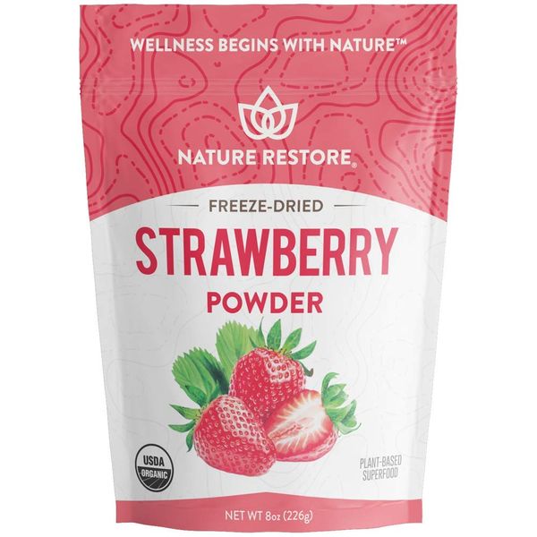 Nature Restore USDA Certified Organic Freeze Dried Strawberry Powder, 8 Ounces, Non GMO, Gluten Free, Vegan