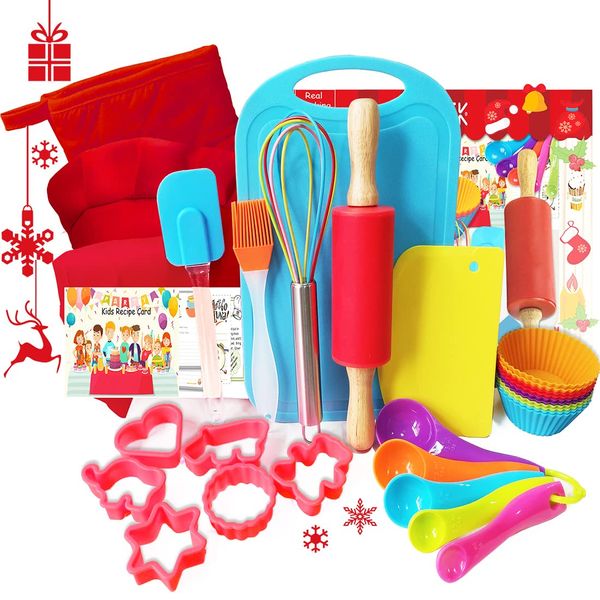 Kids Baking Set Real Cooking Kit Supplies with Kids Apron, Chef Hat, Oven Mitt, Recipes and Kitchen Accessories Tools for Toddler Dress Up Kids Gift for Little Kids Gift