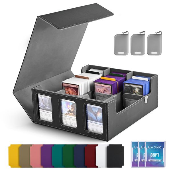 UAONO Trading Card Storage Box for Commander Display, 1800+ MTG Deck Box with 3 Toploader, TCG Card Case fits Magic PTCG Sports Cards (Black&Gray)