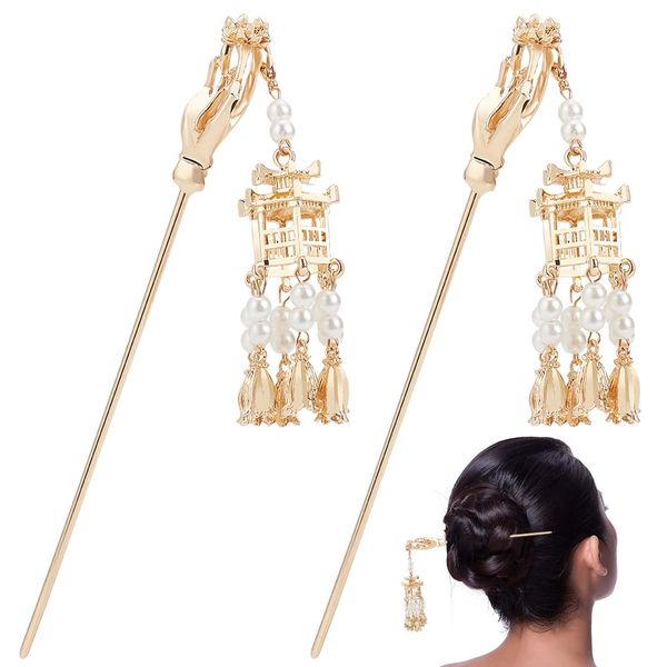 WEBEEDY 2 Pcs Chinese Ancient Style Lantern Hair Stick Lantern Tassel Pendant Pearl Pendant Hairpin Elegant Chignon Pins Chinese Style Hair Pin Hair Sticks for Long Hair(No Light)