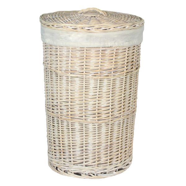Vanilla Leisure Round White Wash Laundry Hamper With White Lining (Small)