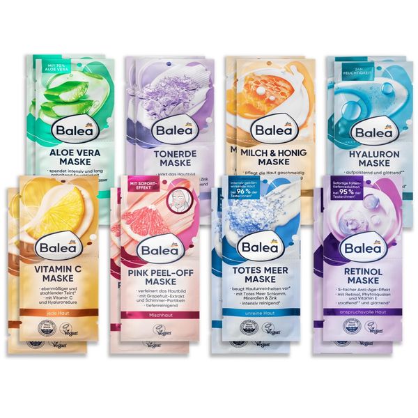 Balea Mask Set with 32 Masks, 2 x 8 Different Face Masks: Hyaluron, Vitamin C, Clay, Milk & Honey, Aloe Vera, Retinol, Pink Berry Cream, Dead Sea (16 x 16 ml), 256 ml