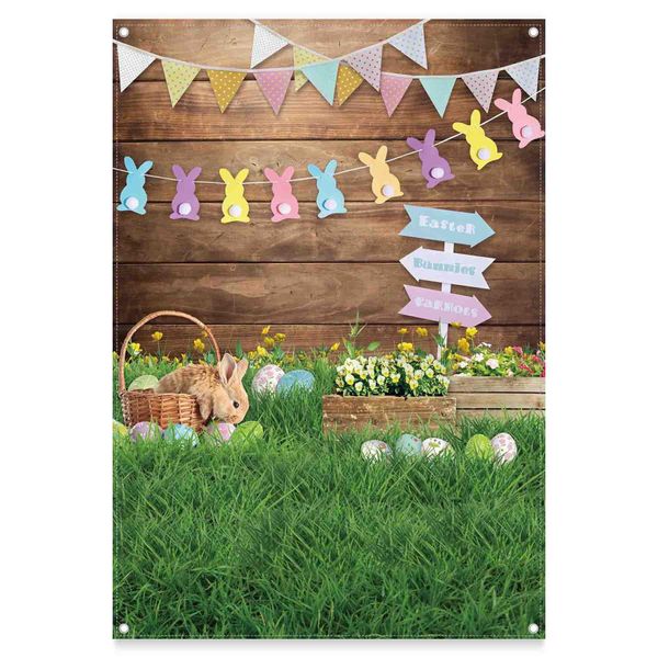 ZTHMOE 5x7ft Durable Fabric Spring Easter Photography Backdrop Rabbit Eggs Wooden Wall Flowers Grass Background Bunny Flag Portrait Photo Booth Props