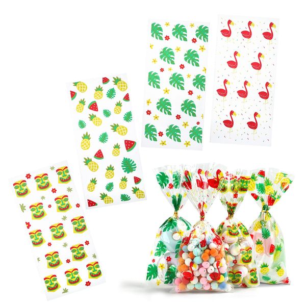 Kesote 100 Pieces Hawaiian Tropical Cellophane Treat Bags, Clear Pineapple Flamingo Goodie Candy Snack Bags Bulk with Twist Ties for Hawaiian Tropical Luau Summer Tiki Bar Party Favor Supplies