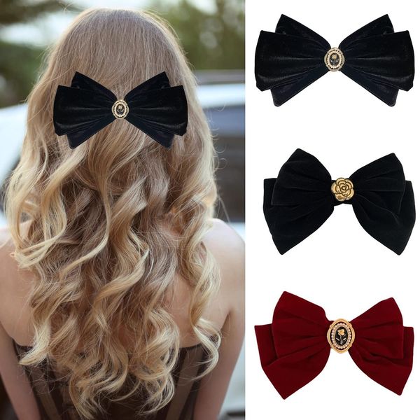 MEISO 3 Stück Haarschleife, Hair Accessories, Haarklammern, Haarspangen Damen, Große Samtschleifenspange Vintage Französische Haarspangen für Frauen und Mädchen (Rot, Schwarz)