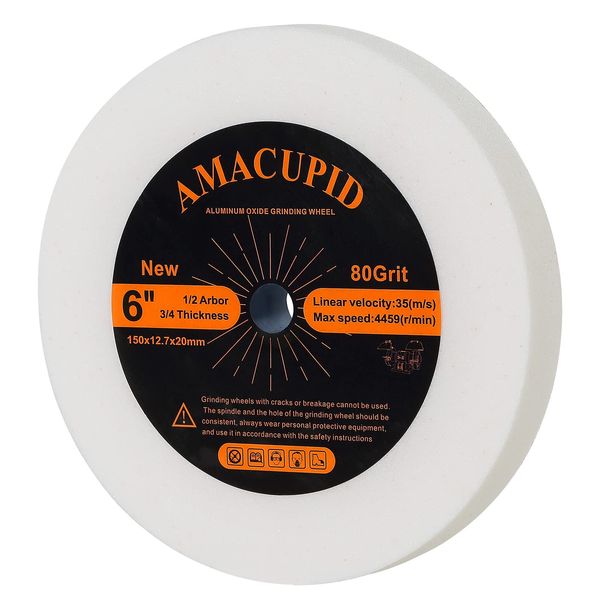 AmaCupid Bench Grinding Wheel 6 inch. for Sharpening Quenched Steel, High Carbon Steel and Other Cutting Tools. White Aluminum Oxide Abrasive. 1/2 inch Arbor, 3/4 inch Thickness, 80 Grit