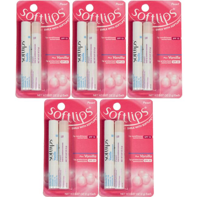 5 Pack Softlips Lip Sunscreen Pearl SPF 15 Plus Vanilla SPF 20, 0.7 Ounces Each