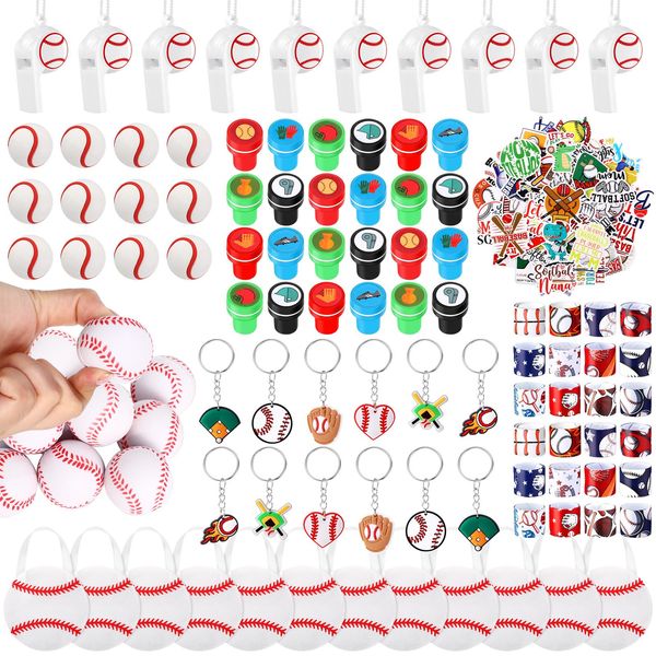 Aoriher 158 Pcs Baseball Party Favors Set Bulk Sport Non Woven Gift Bags Slap Bracelets Mini Bouncy Balls Toy Whistle Keychains Sticker Stampers for Sport Party Supplies(Baseball)