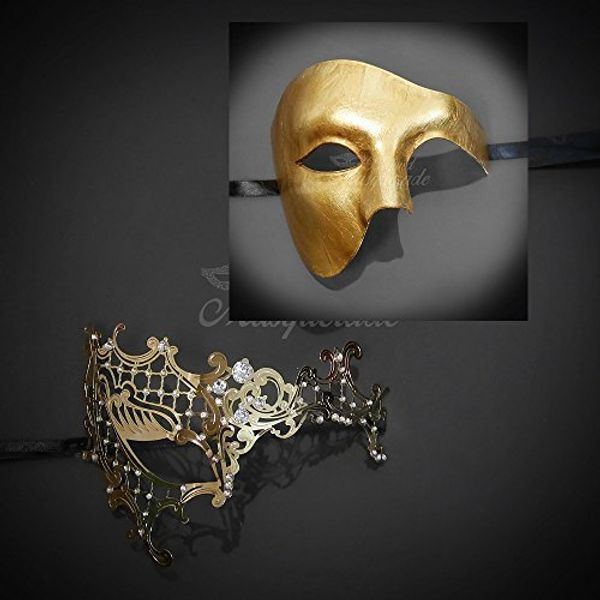 BeyondMasqeurade His and Her Gold Phantom of the Opera Themed Masquerade Mask