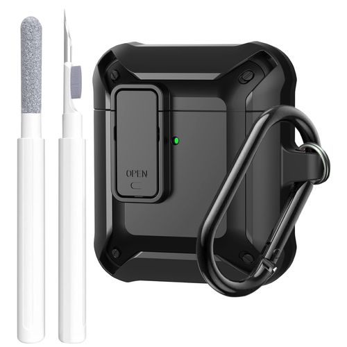 Airpods Case Cover Men Lock with Cleaning Kit, OTOPO Protective Cover with Cleaning Pen Compatible with Apple Airpod 1/2 Case, Shockproof Rugged Shell for iPods Case (Black)