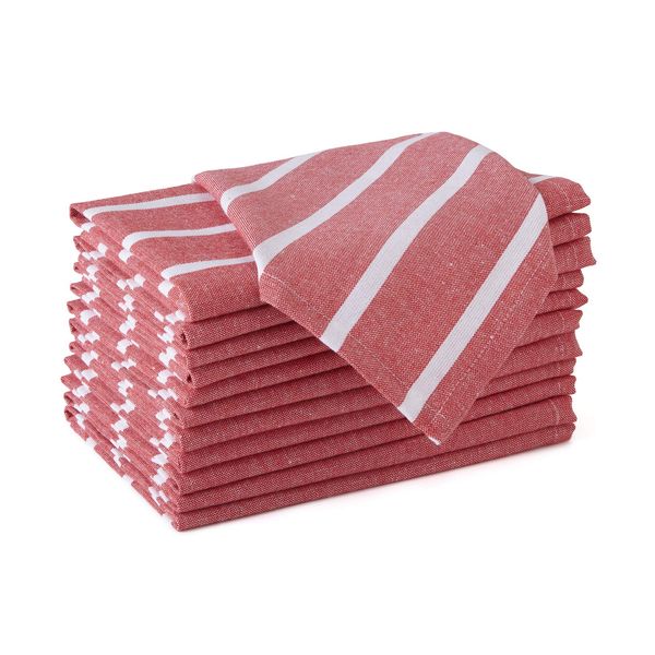 Encasa XO Cotton Cloth Napkins Set of 12 | Roma Red Stripes | Size 43x43 cm | Machine Washable & Reuseable