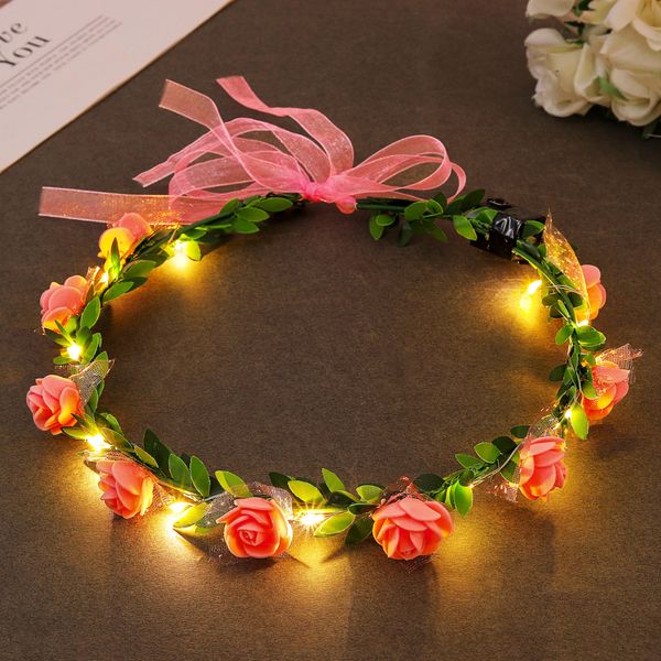 Fashband LED Flower Crown Headbands Light Up Floral Hair Wreath Crowns Festival Headpiece Halloween Party Headdress for Women (Pink)