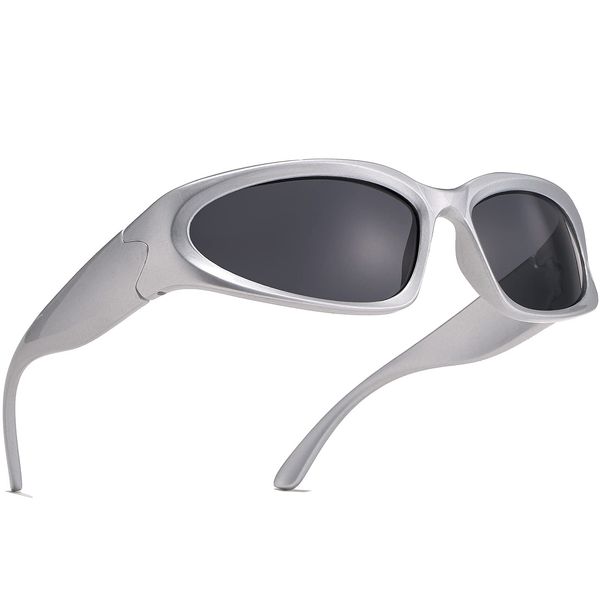 AIEYEZO Wrap Around Sports Sunglasses for Men Women Fashion Oval Thick Frame Sun Glasses Stylish Sport Wrap Shades (Silver/Grey)