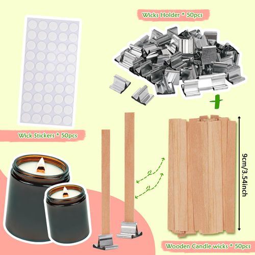 Wood Wicks for Candles Making,50pcs Wooden Candle Wicks,50pcs Wick Stickers,for Soy Wax, Beeswax, Coconut Wax - DIY Candle Making Supplies for Beginners & Professionals