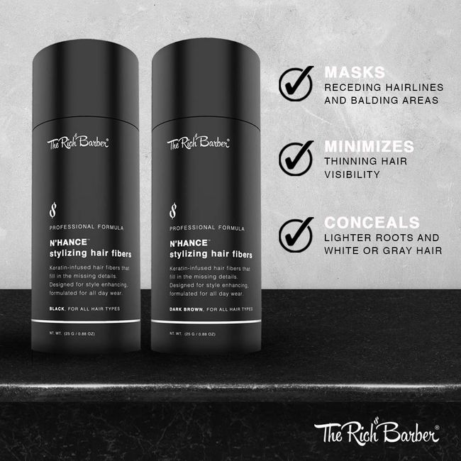 The Rich Barber N'hance Pro Barber Kit II - 4-in-1 Hair & Beard Styling Set with Keratin-Infused Hair Building fibers, Style Hold Spray, Applicator