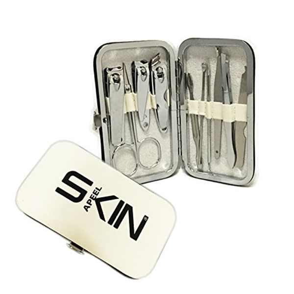 Skinapeel Luxury 10pc Travel Manicure, Pedicure and Grooming Kit- Includes Stainless Steel Nail Clippers, Scissors, Ear Picker, Tweezers, Nail File and Blackhead Remover- Presented In Beautiful White Faux Leather Case