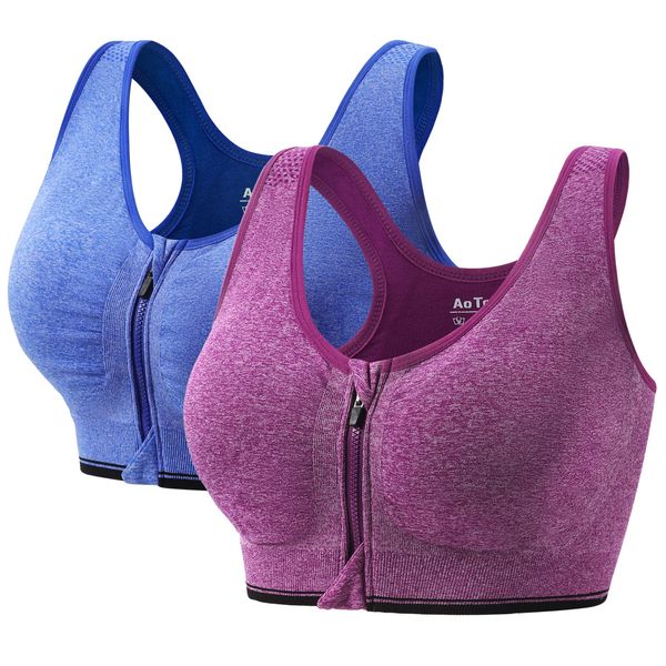 AoToZan 2 Stücke Damen Sport BH Reißverschluss Vorne, Gepolstert Push Up BHS Starker Halt Sports Bra Top für Gym Fitness Yoga Running (Blau Lila,L)