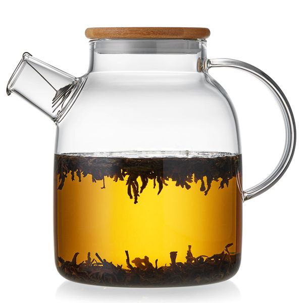 PokaloTea Glass Kettle, Heat Resistant Glass Teapot, For Open Fire, Bamboo Lid, Crack-resistant Transparent, Tubular Glass Pot, Tea, Green Tea, Fruit Tea, Leaf Tea, With Strainer, Handle-Shaped